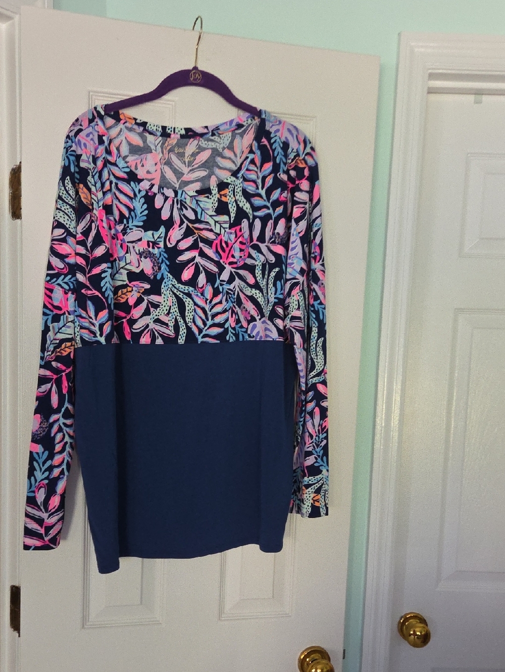 Lilly Pulitzer Navy Colorblock Long-Sleeve Top with Pink Floral Print